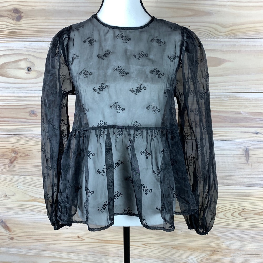Whimsigoth Forever 21 Peplum Top Women Small Black Sheer Floral‎ Embroidered